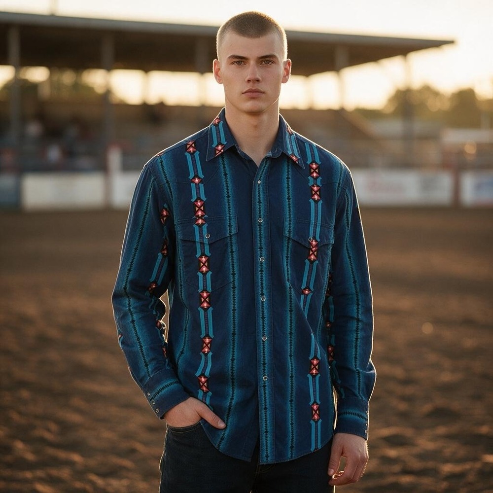 Wrangler Mens Med. Western Snap Shirt Aztec Geometric Blue Turquoise Long Sleeve